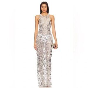Lovers and Friends Syd Gown in Silver - Sequin Sheer Maxi Dress - Size Large